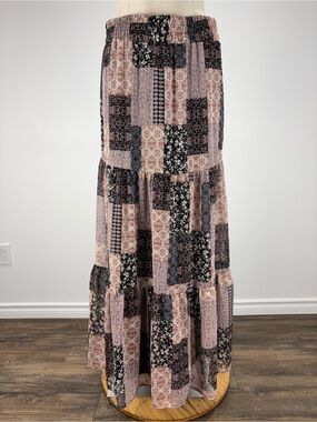 Haver London Boho Patchwork Floral Tiered Maxi Skirt M Smocked Waist